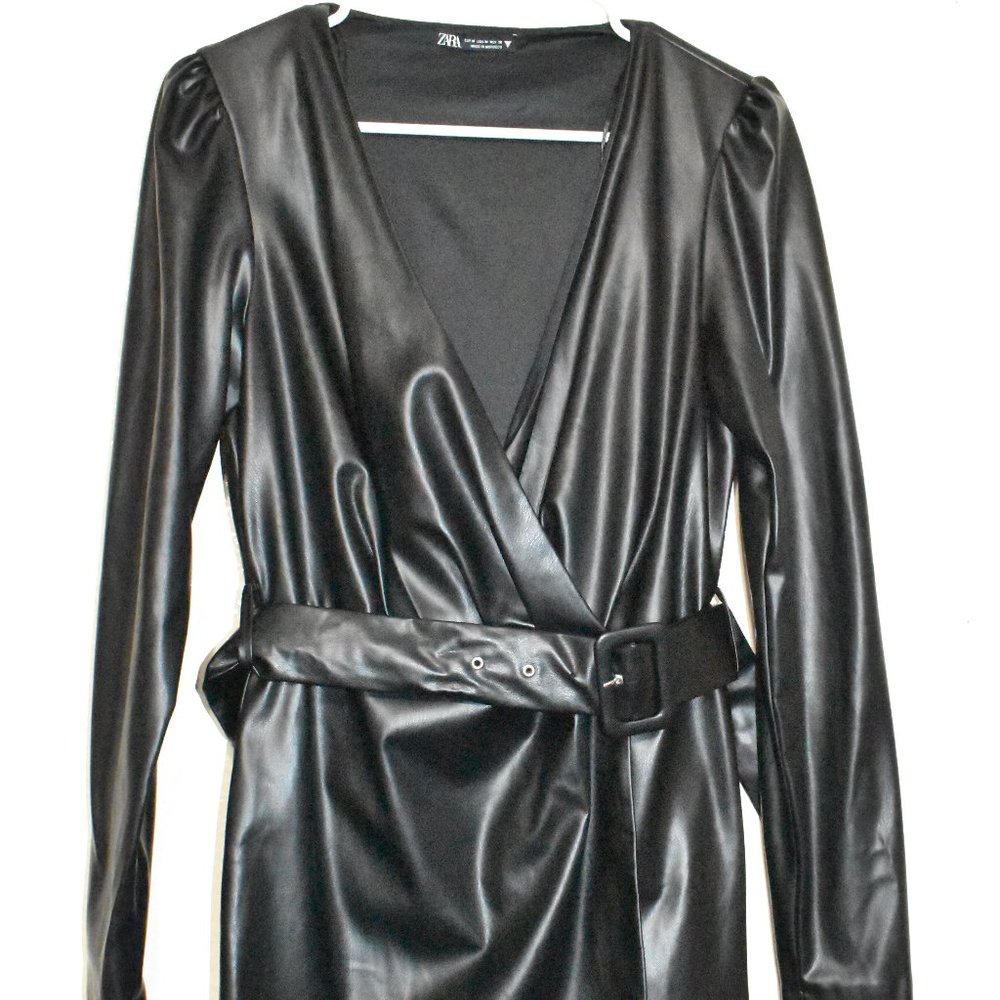 Zara Black Faux Leather Long Sleeve with Belt Mini Dress